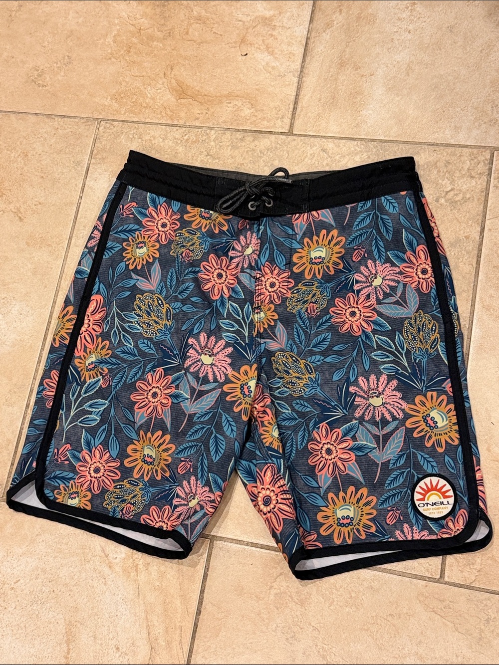 O'Neill Men's Navy Floral Swim Board Shorts with Coral and Yellow Flowers
